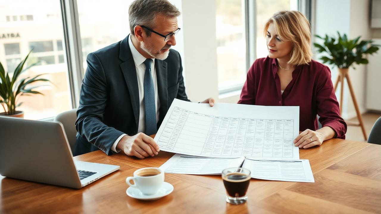 Deux commerciaux B2B revoyant une grille d'argumentaire structurée sur une table de réunion