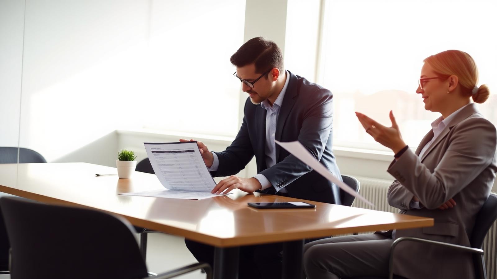Dirigeant et consultant comparant des options de partenaires commerciaux autour d'un document stratégique