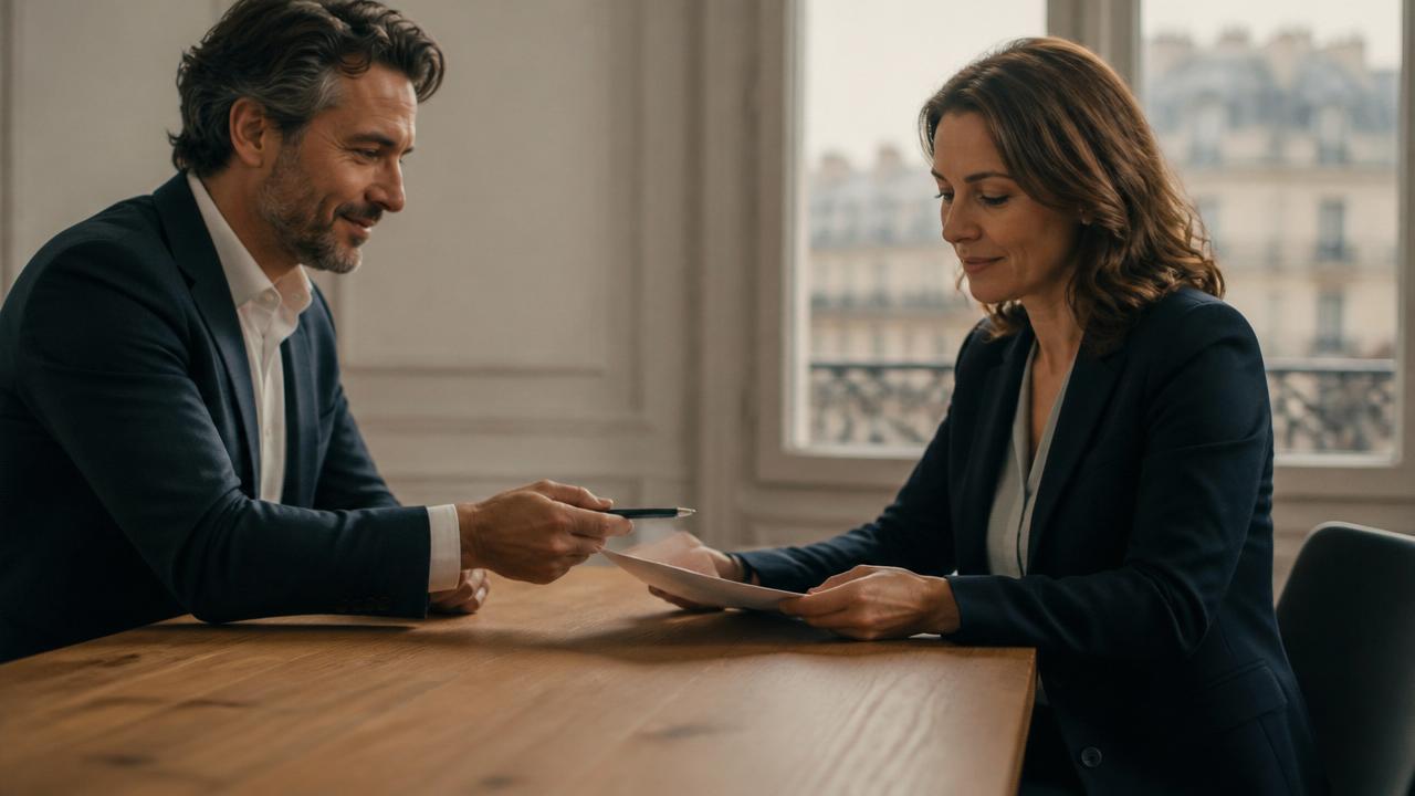 Deux dirigeants concluant un accord commercial sur une table de réunion