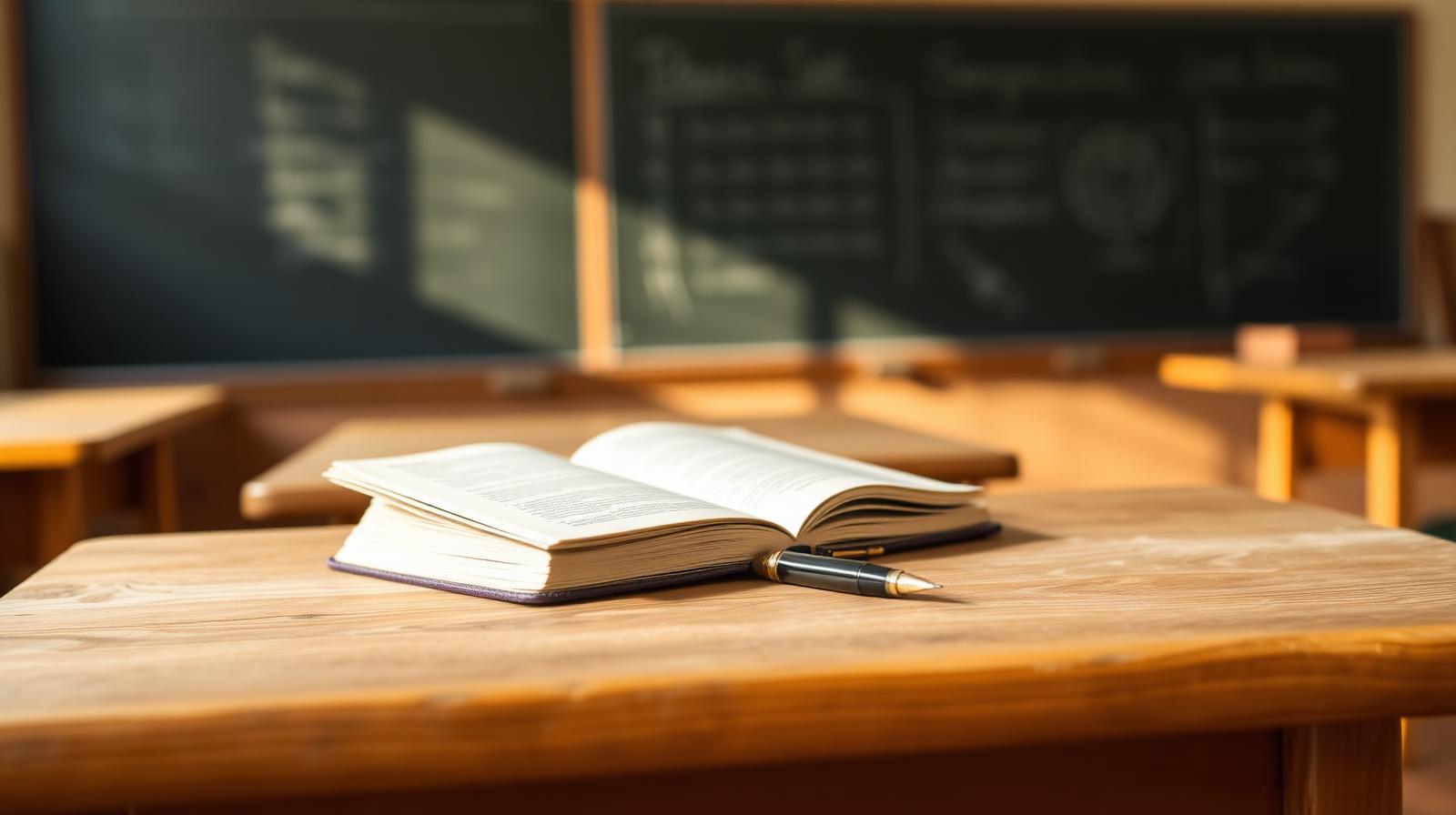Pupitre en bois d'école française, livre ouvert et stylo plume, tableau noir en arrière-plan