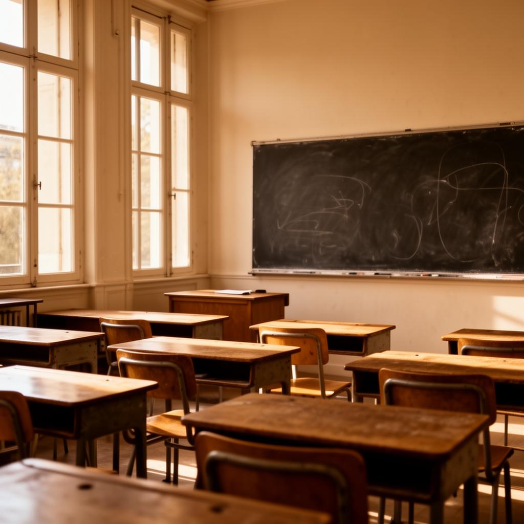 Salle de classe française vide avec bureaux en bois et tableau noir, lumière naturelle