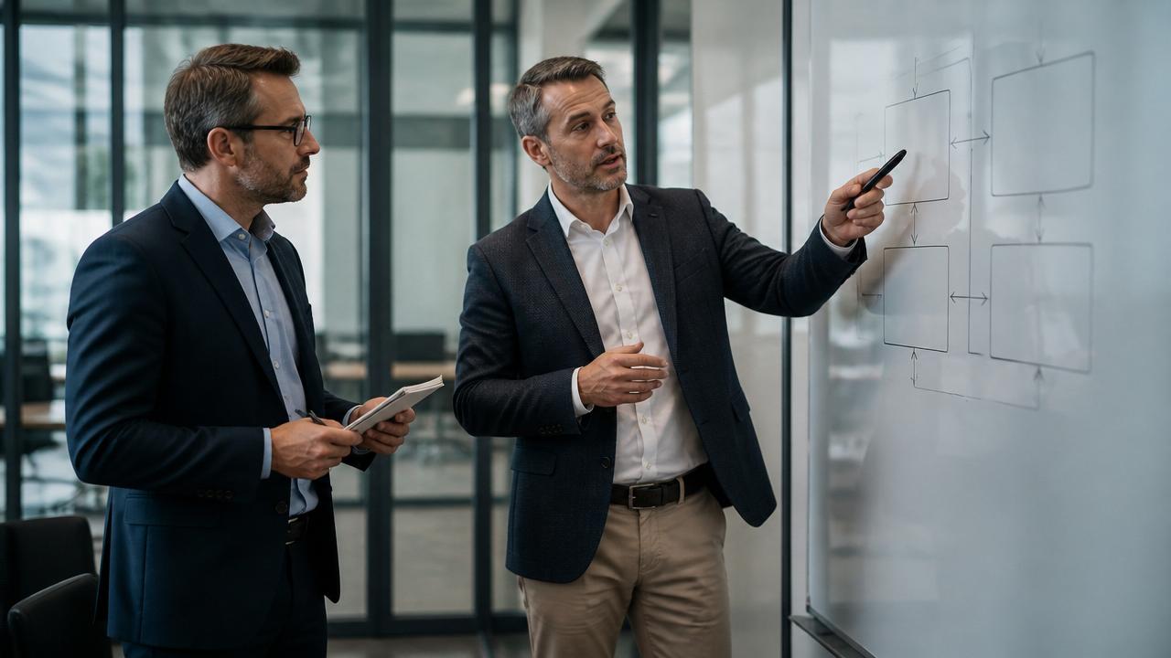 Deux dirigeants commerciaux face à un schéma de qualification MEDDIC sur tableau blanc