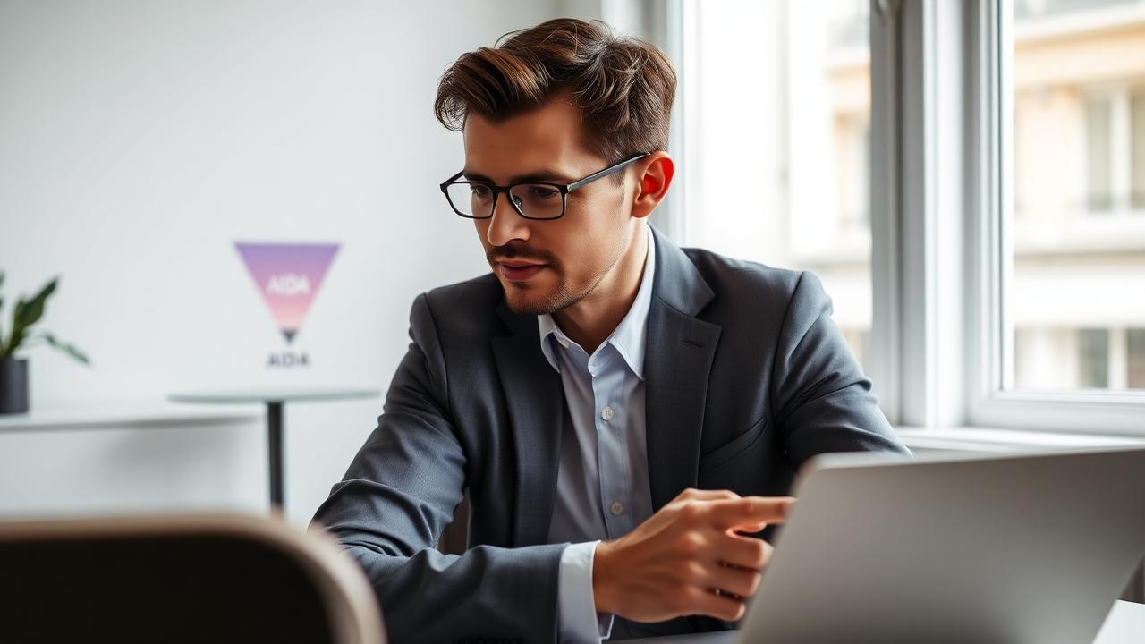 Professionnel en bureau parisien travaillant sur la structure AIDA sur son écran
