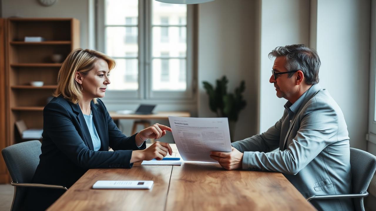 Deux professionnels B2B en réunion autour d'un plan de découverte commerciale