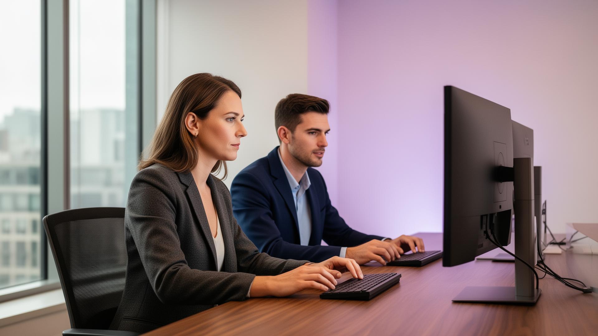 Manager commercial et commerciale analysant les données d'adoption d'une plate-forme d'entraînement commercial IA sur un ordinateur portable
