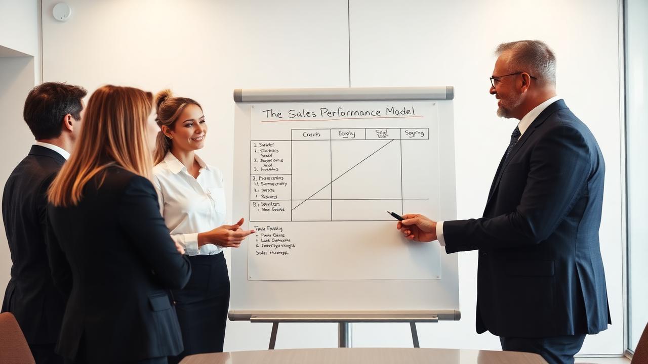High-performing B2B sales team reviewing a structured sales performance model on a whiteboard