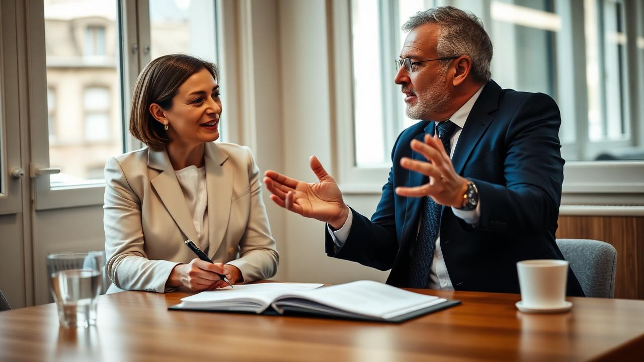 Deux dirigeants B2B en réunion, écoute active et échange autour d'un cahier de notes