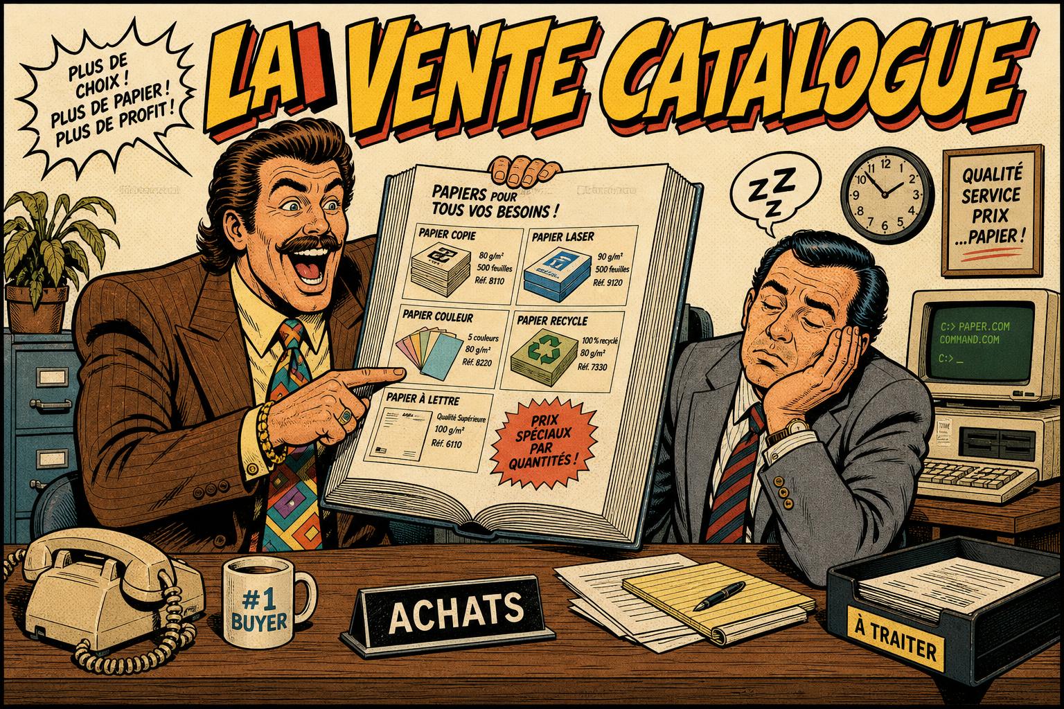 Illustration comique années 80 : un vendeur enthousiaste présente un catalogue papier à un acheteur qui s'endort — La vente catalogue